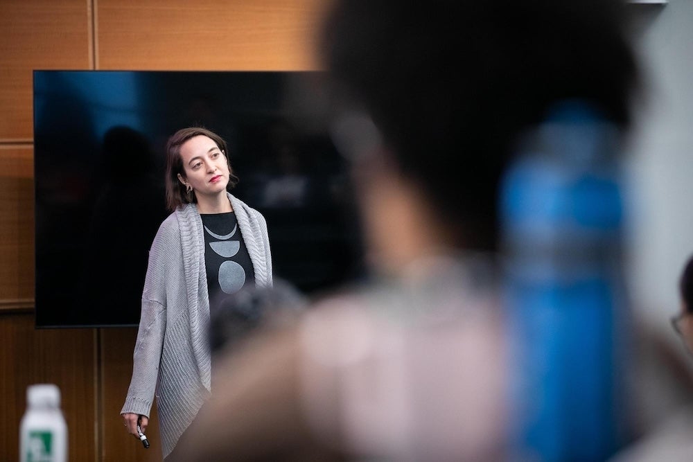 Jessa Lingel gives a lecture in a lecture hall
